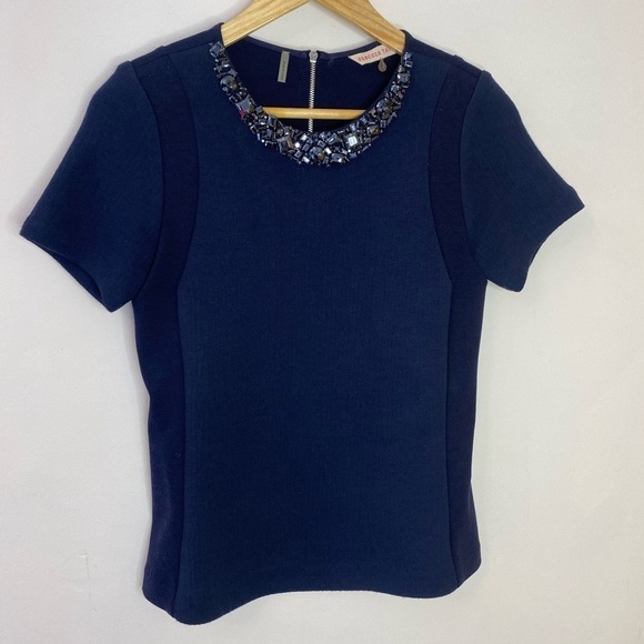Rebecca Taylor Navy Scuba Jewel Collar Top - Picture 7 of 7